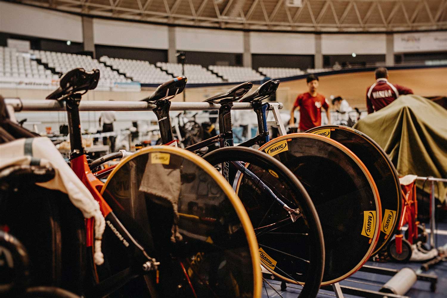 Track cycling bikes all lined uo ready for the National Keirin Championships at Izu Velodrome, Japan