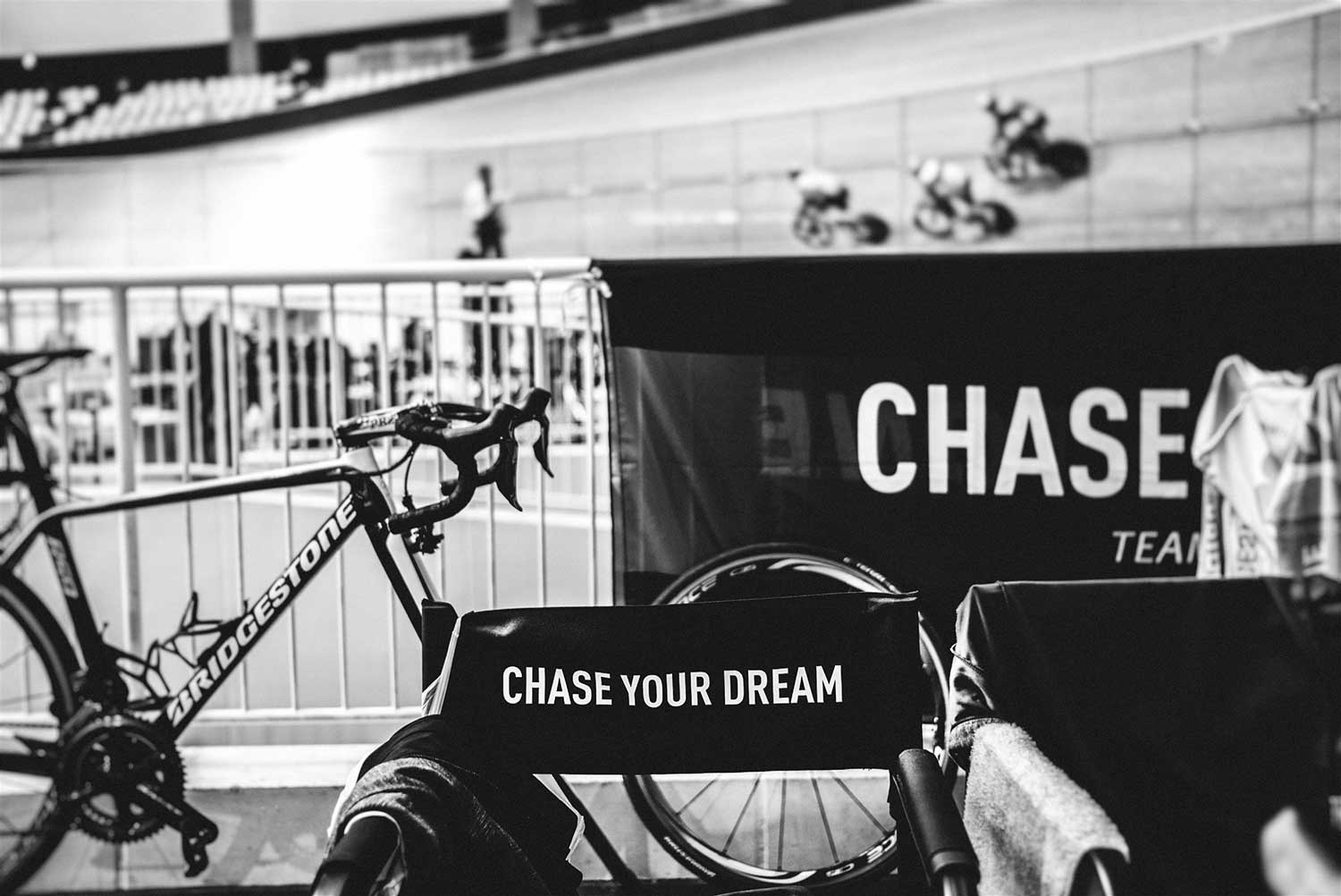 Empty seat with Chase Your Dream written on it to motivate cyclists during National Keirin Championships at Izu Velodrome