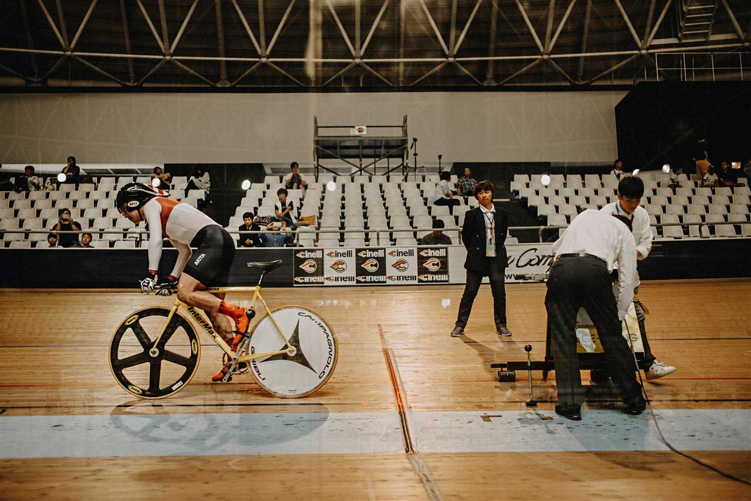 Track cyclist leaves the starting blocks at National Time Trial track cycling championships, Izu Velodroime, Japan