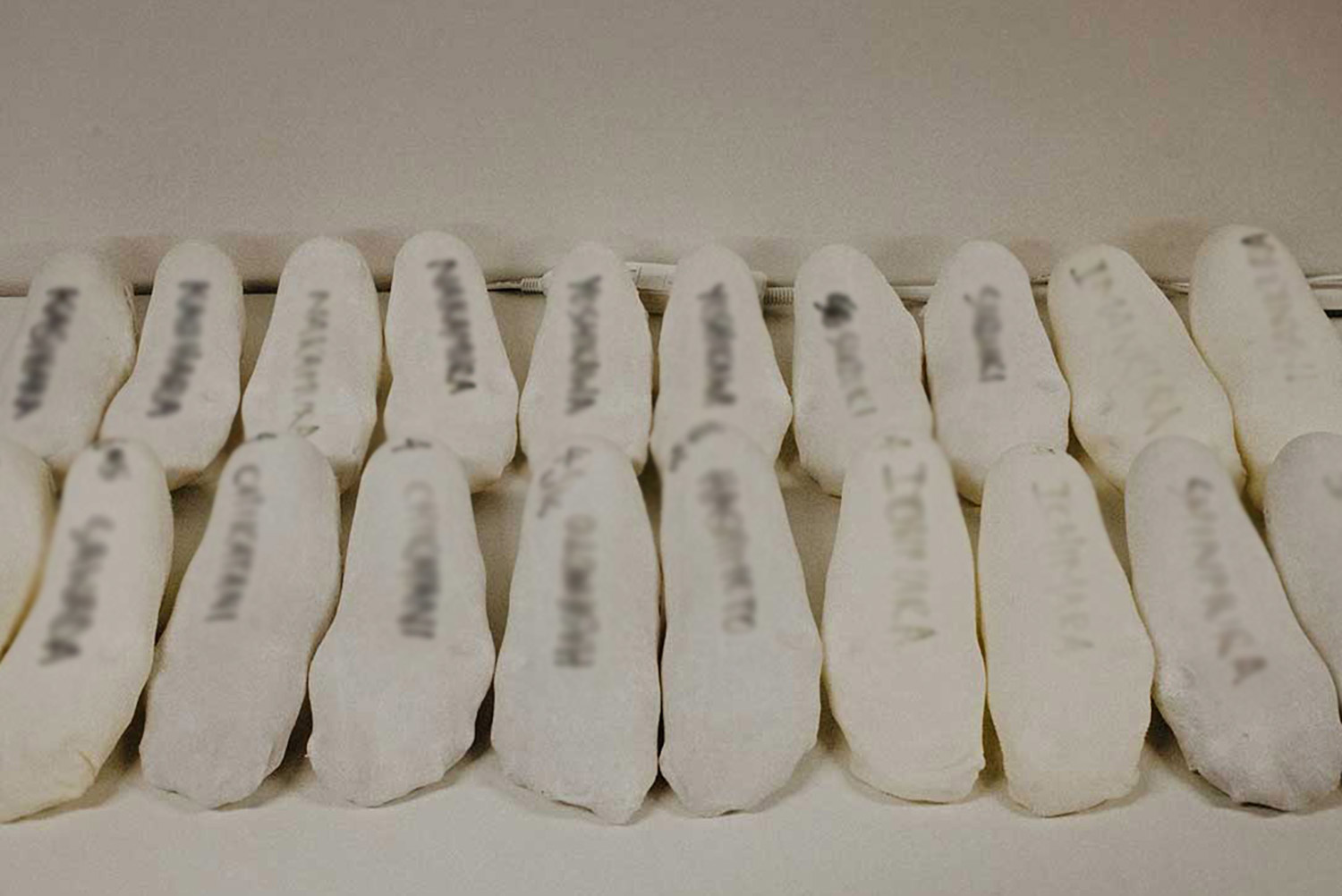 Many foot orthotic casts of Japan cyclist team lined up on a table